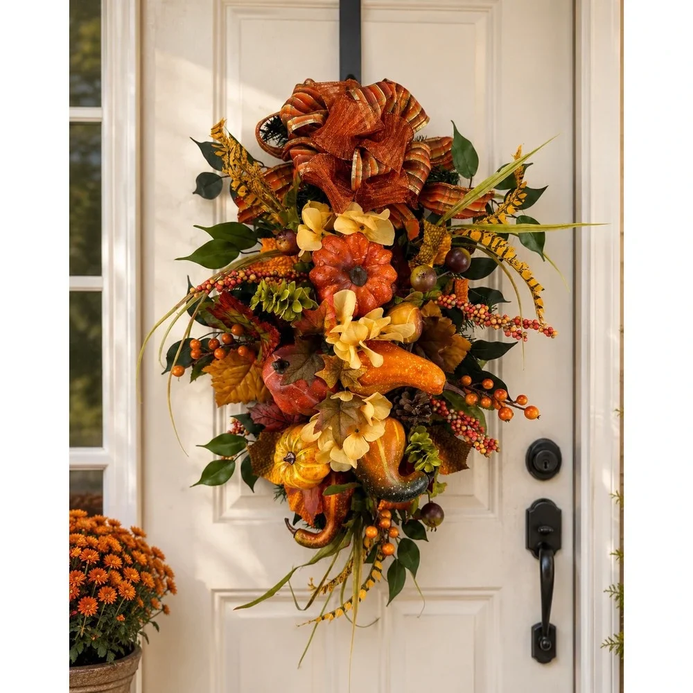 Fall Harvest Pumpkin Gourd Floral Swag Wreath Orange Plaid Bow Autumn Decor